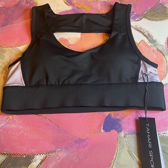 💕Tahari Helena high shine Sports Bra Blak/Rose - Picture 5 of 6